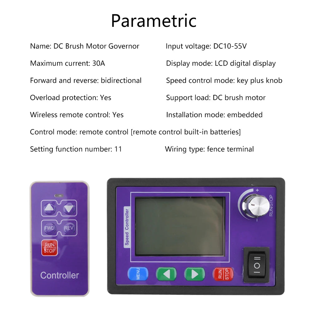 Controlador Velocidad Motor DC (10-55V 30A) PWM con Display LCD y Control Remoto Inalámbrico