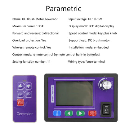 Controlador Velocidad Motor DC (10-55V 30A) PWM con Display LCD y Control Remoto Inalámbrico