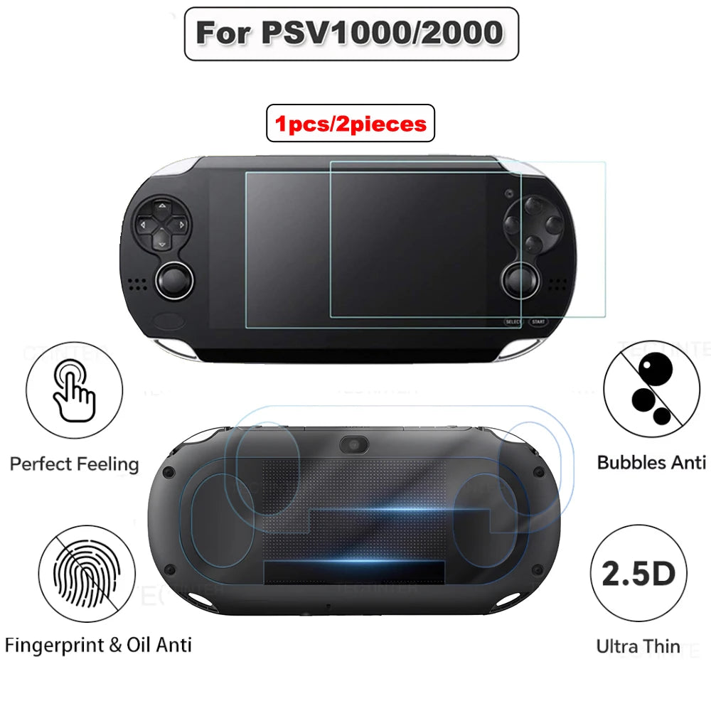 Protector Pantalla para Sony PS Vita PSV 1000 / 2000: Cristal Templado Frontal + Film Trasero Transparente HD Completo