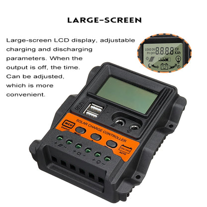 Controlador Carga Solar PWM 10A/20A/30A 12V/24V LCD Dual USB 5V Regulador Panel