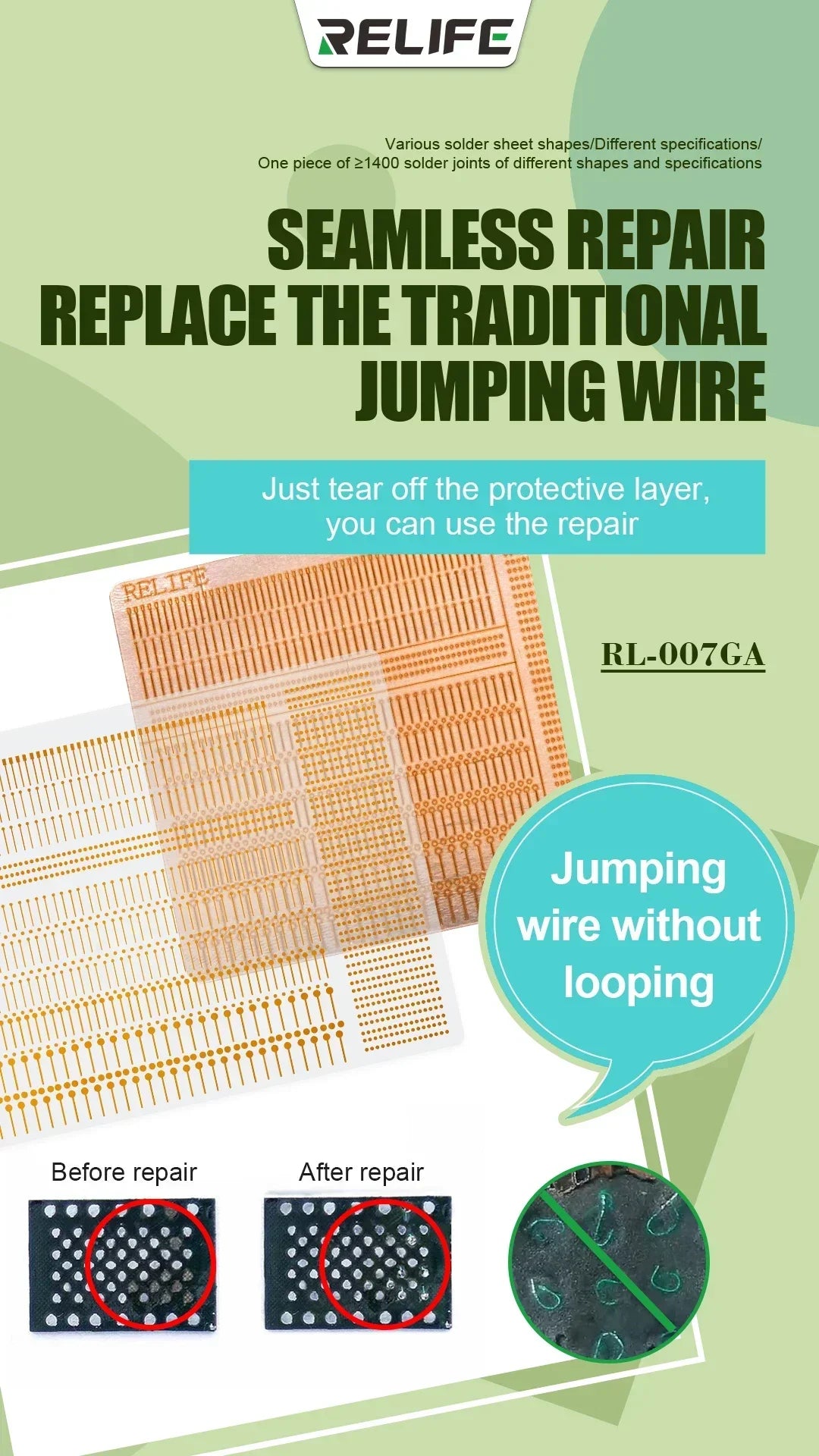 Set Puntos Reparación Soldadura RELIFE RL-007GA (Rápido, Sin Bucle) para Pads Teléfono Diferentes Tamaños