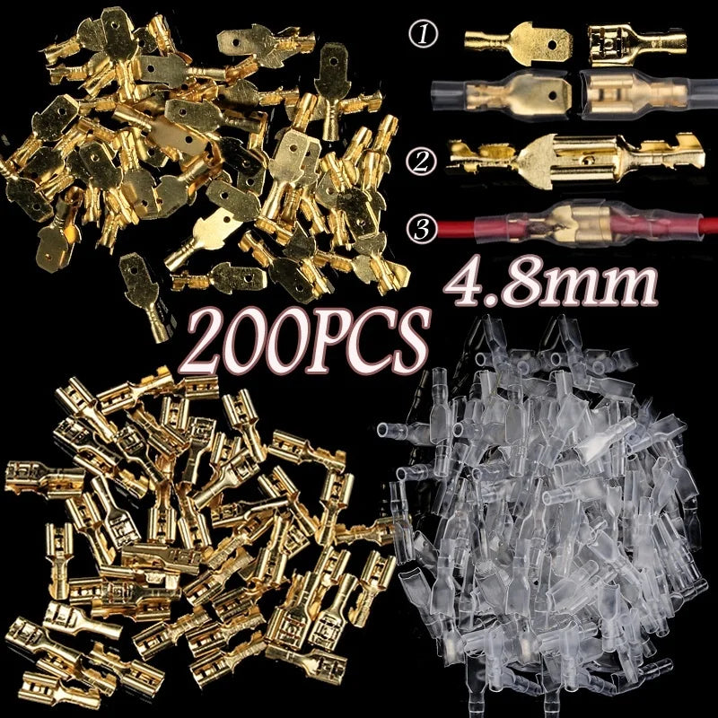 Set Terminales Conector Cable Hembra/Macho Spade Crimp (2.8/4.8/6.3mm) con Mangas Aislantes Transparentes (200 Piezas)