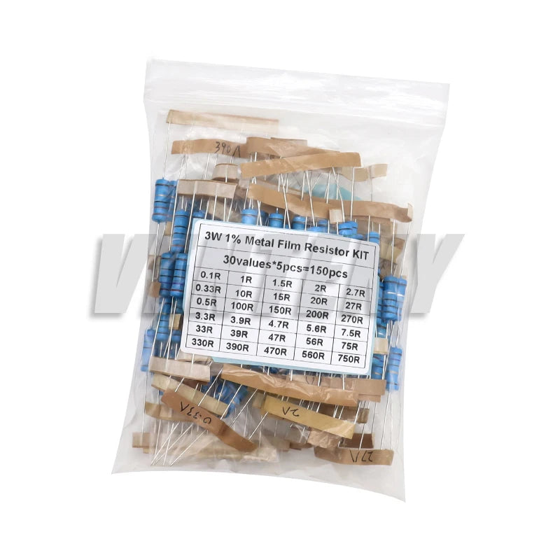 Kit Surtido Resistencias Película Metálica 1% (1/2W, 1W, 2W, 3W, 30 Valores, 1R-820K Ohm) (150/300 Piezas)