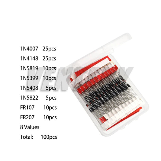 Kit Surtido Diodos THT (Rectificador/Schottky/Switching) - Varios Tipos (1N400x, 1N58xx, FRxxx, etc.) - 100/200 Piezas