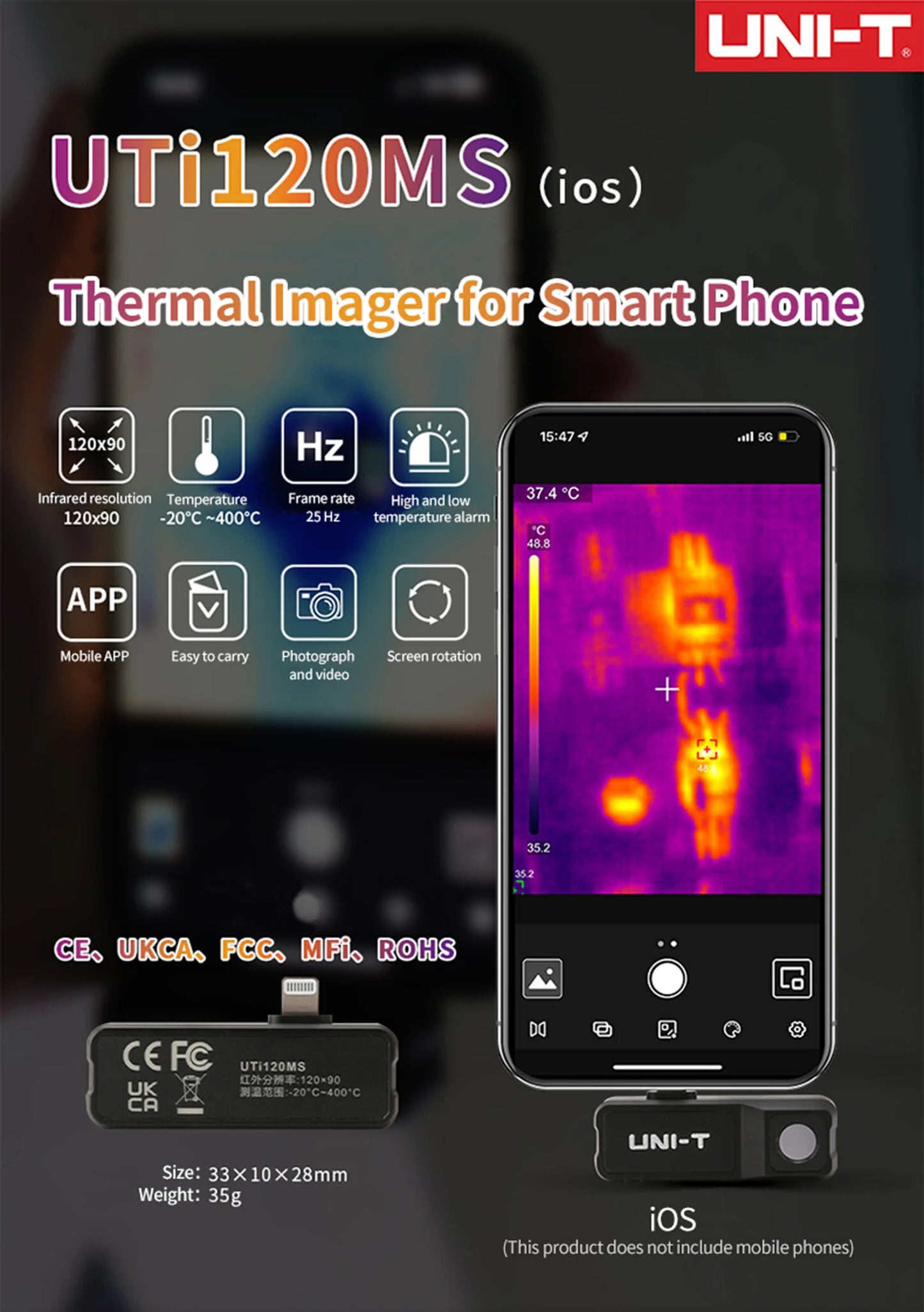 Termógrafo UNI-T UTi120MS para iPhone (iOS) - Cámara Térmica USB-C Detección PCB/Calefacción Suelo