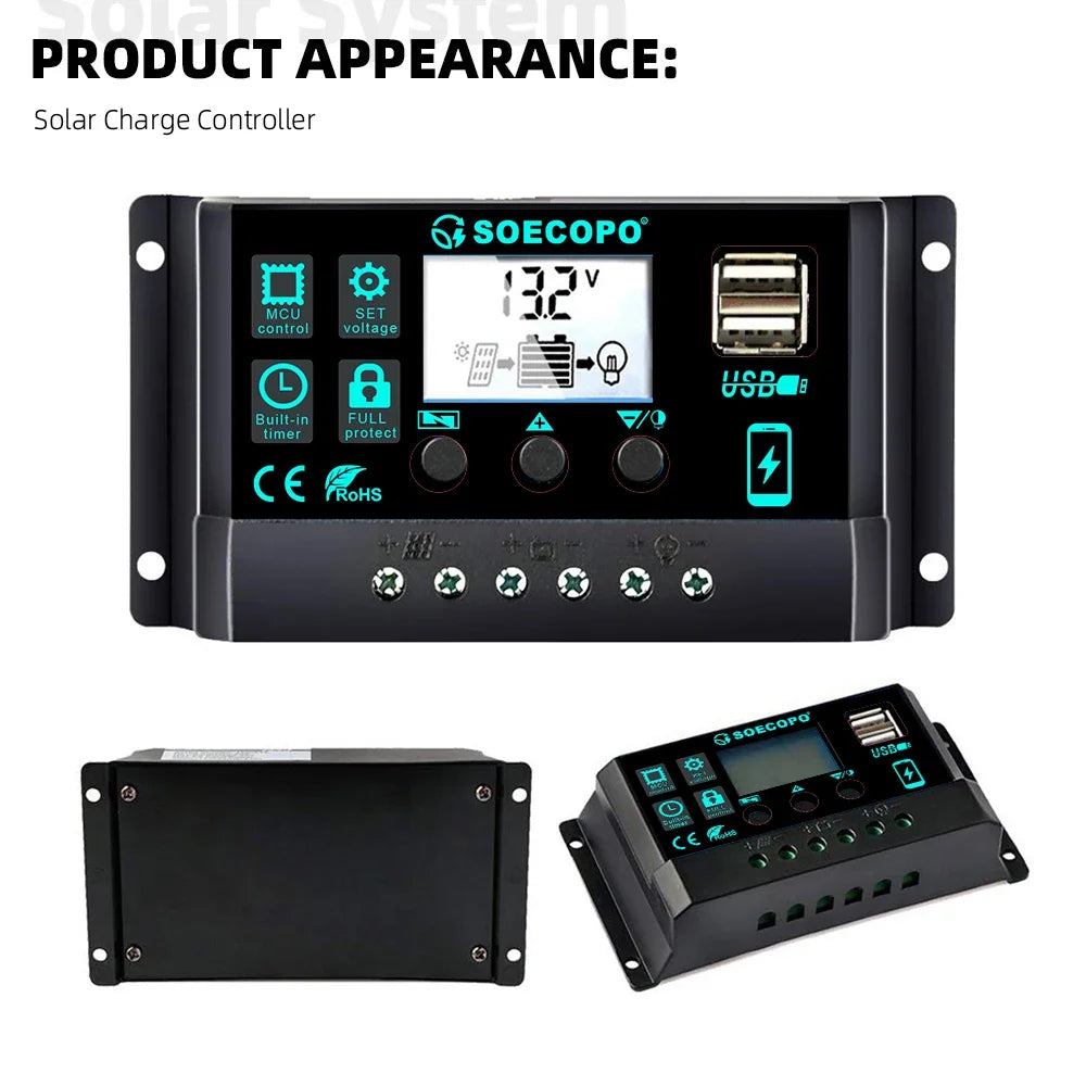 Controlador Carga Solar 100A 12V/24V AutoSwitch LCD Protección Sobrecarga/Cortocircuito para RV/Bote/Off-Grid