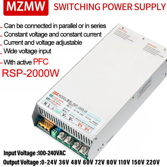 Fuente Alimentación Switching PFC MZMW 2000W Voltaje/Corriente Ajustable 0-24V a 220V CC/CV AC 100-240V a DC