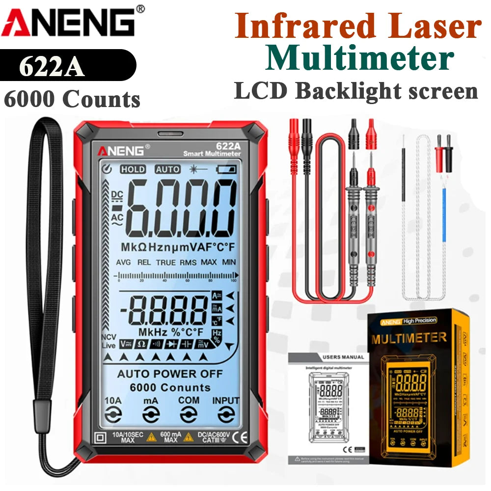 Multímetro Digital Inteligente ANENG 622B/622A True RMS 9999 Cuentas Lámpara Láser Autorango DC/AC Tester Analógico