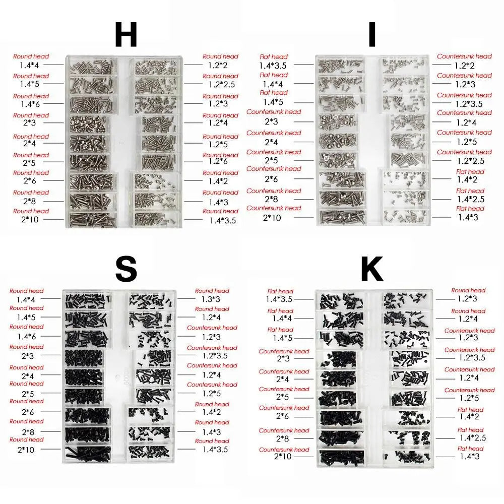 Set Mini Tornillos Acero Inoxidable 18 Tamaños para Reloj/Gafas/Electrónica Accesorio Reparación (500 Piezas)