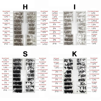 Set Mini Tornillos Acero Inoxidable 18 Tamaños para Reloj/Gafas/Electrónica Accesorio Reparación (500 Piezas)