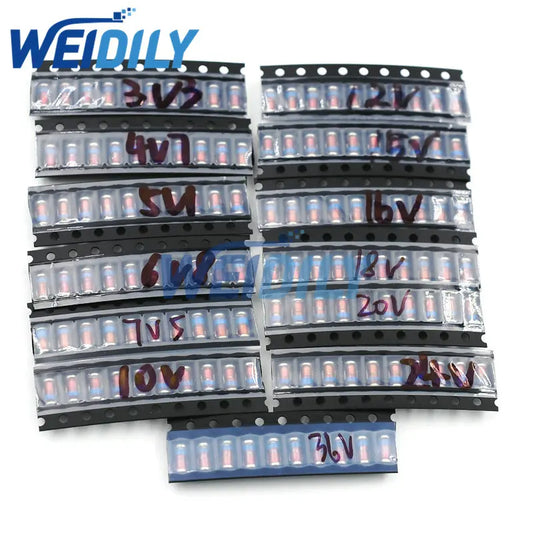 Kit Surtido Diodos Zener SMD LL41 ZM47xxA (1W, 3.3V-36V, 13 Valores x 10 Unidades) - Pack 130 Piezas