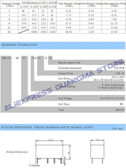 Relé HK19F 8-Pin 2A DPDT - Varios Voltajes Bobina (3V a 24V DC) - Lote 1 Pieza