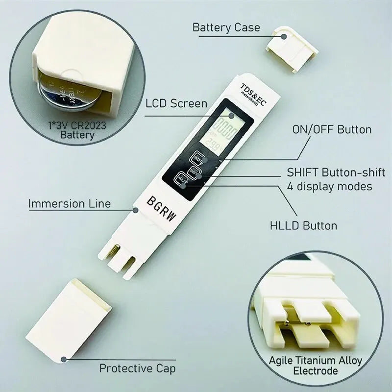Medidor Digital Calidad Agua TDS/EC Multifuncional (Rango 0-9990 ppm) Pureza/Temperatura (1 Unidad, Blanco)