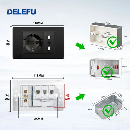 Enchufe Pared Delefu Italia/Chile PC Negro USB-C Carga Rápida + Schuko + Switch Smart Tuya WiFi + SAT/TV/TEL/Timbre