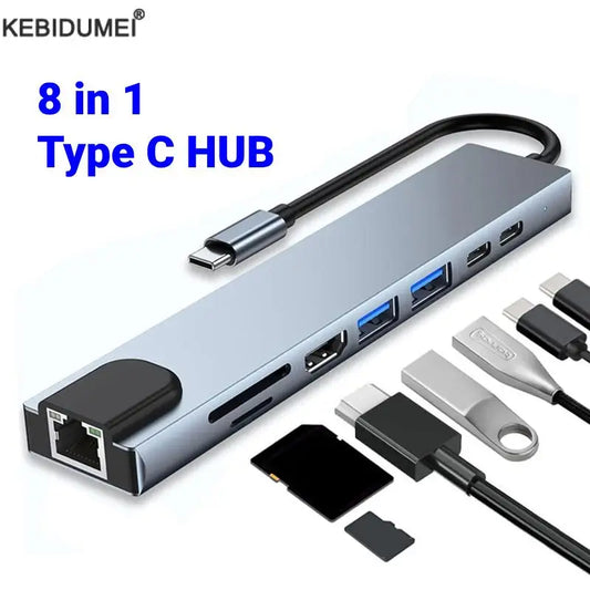 Hub USB-C 3.0 Dock Adaptador a HDMI 4K, RJ45, Carga PD, Lector Tarjetas SD/TF para MacBook Air/Pro/PC