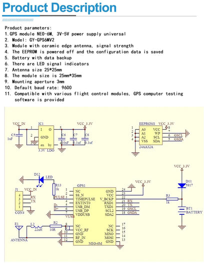 Módulo GPS GY-NEO6MV2 (NEO-6M) con Antena Grande y EEPROM para Control Vuelo MWC/APM2.5 Arduino