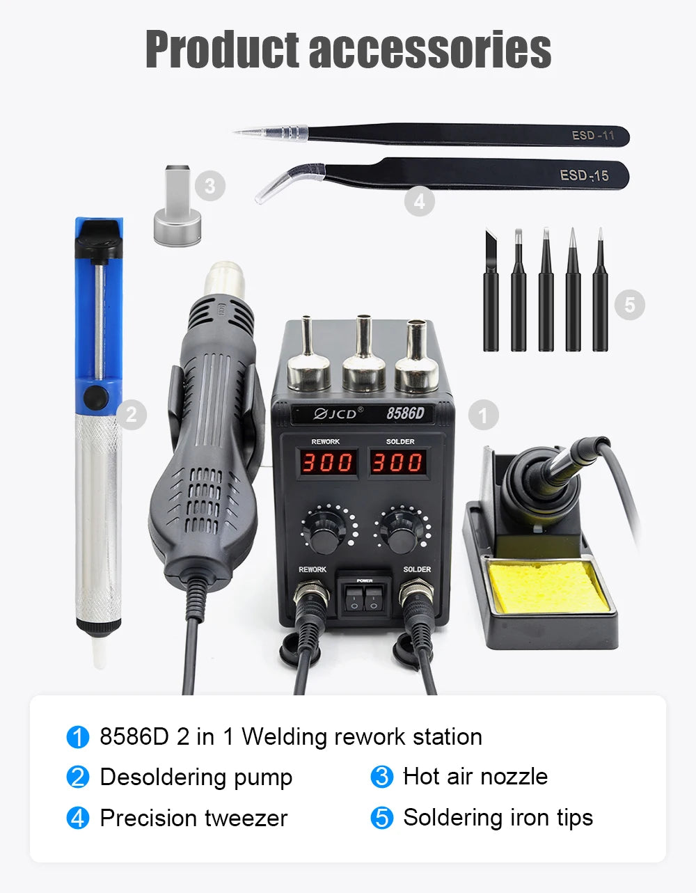 JCD 8586D Soldering Station 2 IN 1 750W Hot Air Gun LCD Dual Digital Display Electric Soldering Iron SMD Welding Rework Station