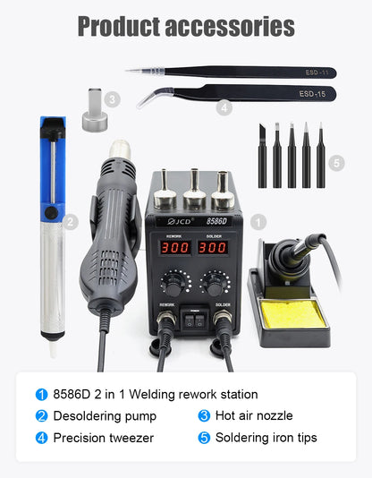 JCD 8586D Soldering Station 2 IN 1 750W Hot Air Gun LCD Dual Digital Display Electric Soldering Iron SMD Welding Rework Station