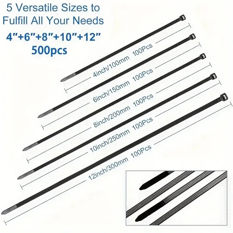Amarras Plásticas Nylon Negras Alta Resistencia (Tamaños 4"/6"/8"/10"/12") Usos Versátiles (500 Piezas)