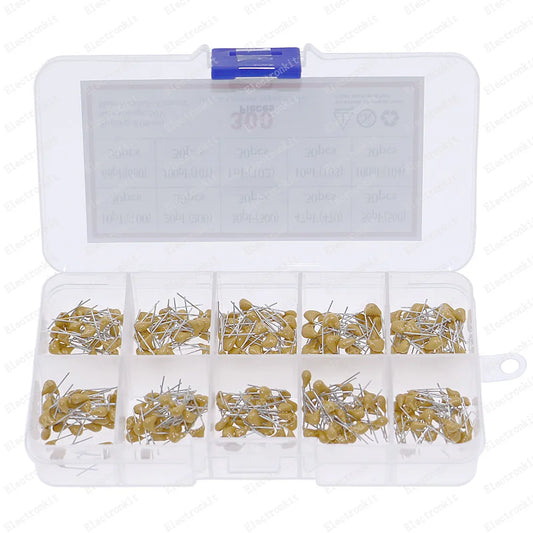 Kit Surtido Capacitor Cerámico Monolítico (10pF-100nF, 50V, 10 Valores) con Caja - Pack 300 Piezas