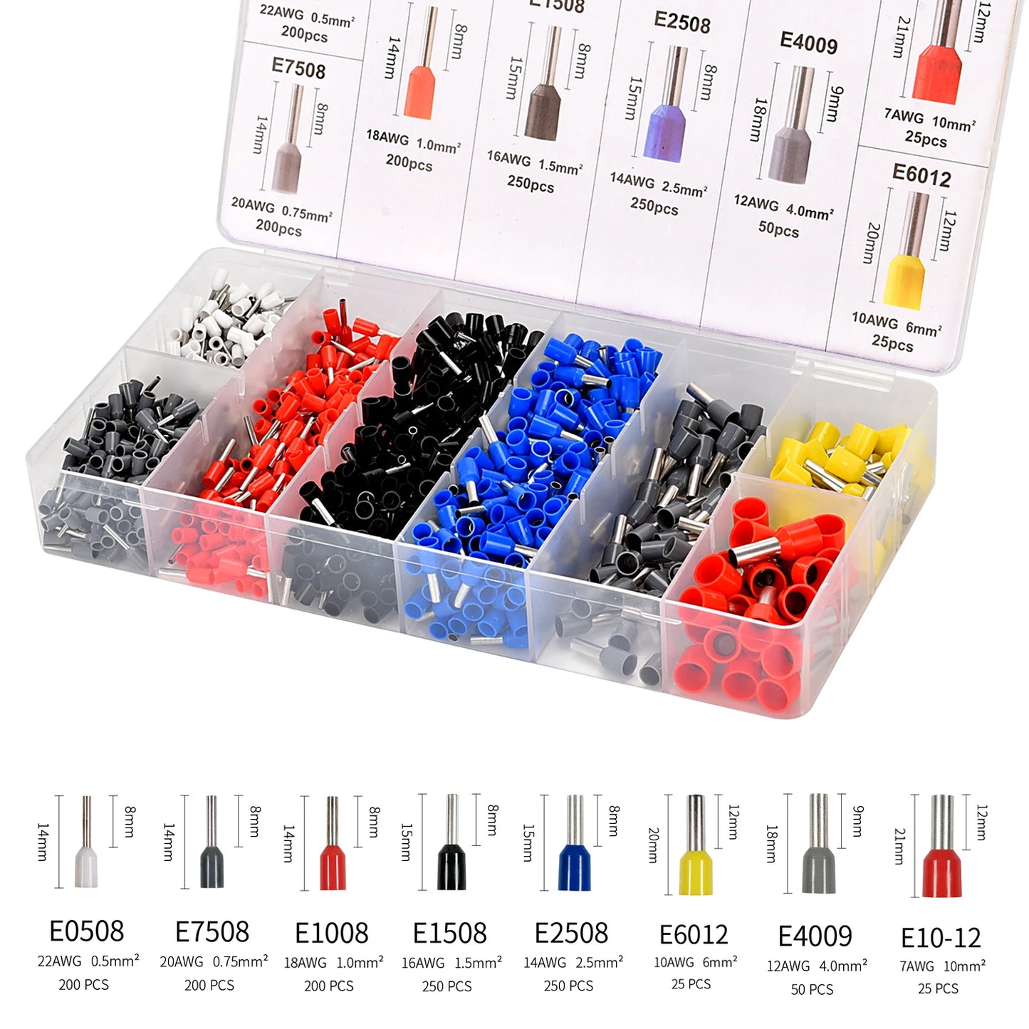 Kit Terminales Conectores Ferrules Cable Aislado AWG 22-7 (Punta Cordón) Surtido (1200 Piezas)