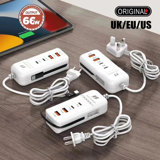 Cargador Pared Rápido USB (PD Tipo C + Multi USB-A) Adaptador Hub Enchufe EU/US para Móvil