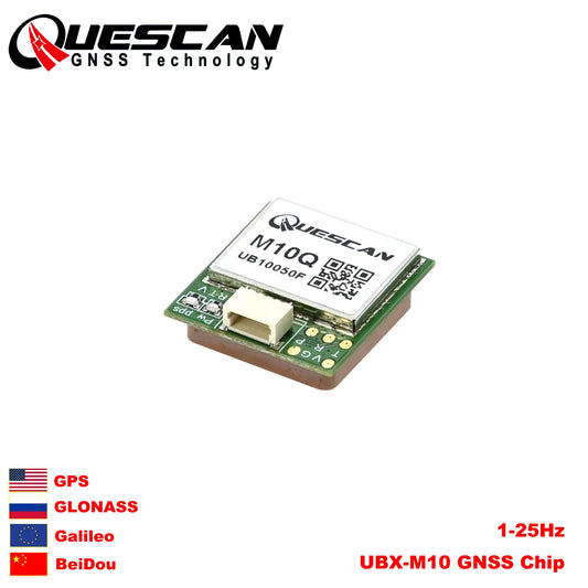 Módulo GNSS GPS QUESCAN M10Q (UBX-M10050-KB) con Antena (GPS/GLONASS/Galileo/BeiDou, NMEA, 1-25Hz, 22x20mm)