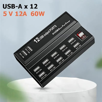 Estación Carga USB Escritorio 12 Puertos Hub Múltiple Adaptador para Teléfono Móvil/Dispositivos USB