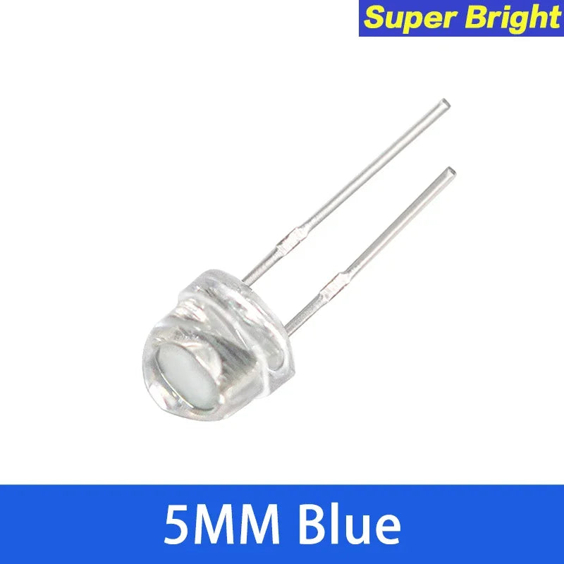 Diodo LED Super Brillante Sombrero Paja F5 (5mm) Azul/Verde/Rojo/Amarillo/Blanco para DIY Electrónico (50 Unidades)