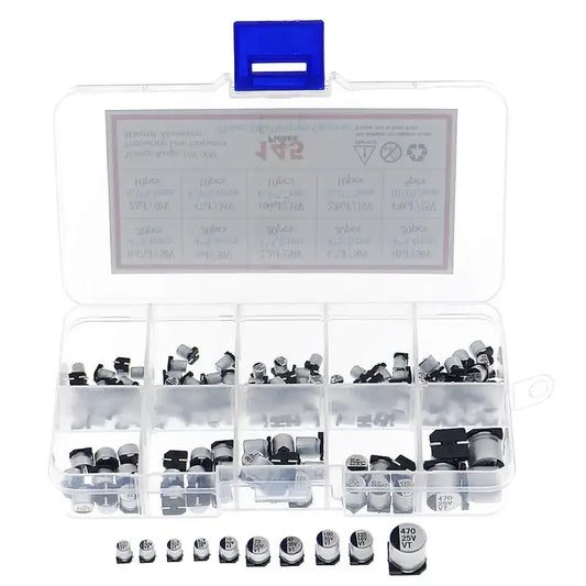 Kit Surtido Capacitor Electrolítico SMD (0.47uF-470uF, 16V-50V, 10 Valores) - Pack 145 Piezas