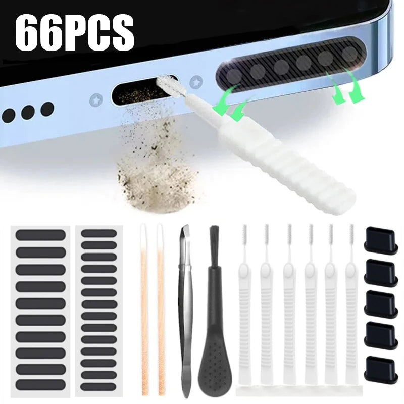 Set Limpieza (66 Piezas) para Altavoz/Puerto Carga Teléfono (Tapón Polvo, Cepillo) iPhone 13-15/Samsung/Xiaomi/Auriculares