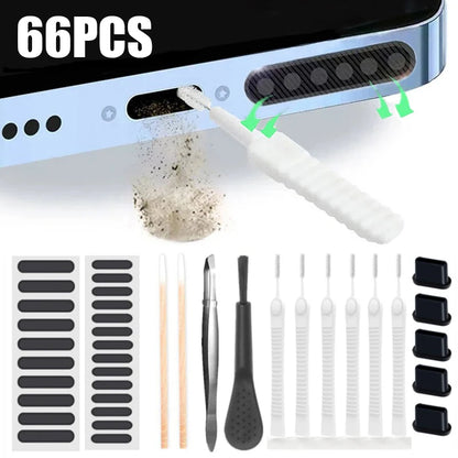 Set Limpieza (66 Piezas) para Altavoz/Puerto Carga Teléfono (Tapón Polvo, Cepillo) iPhone 13-15/Samsung/Xiaomi/Auriculares