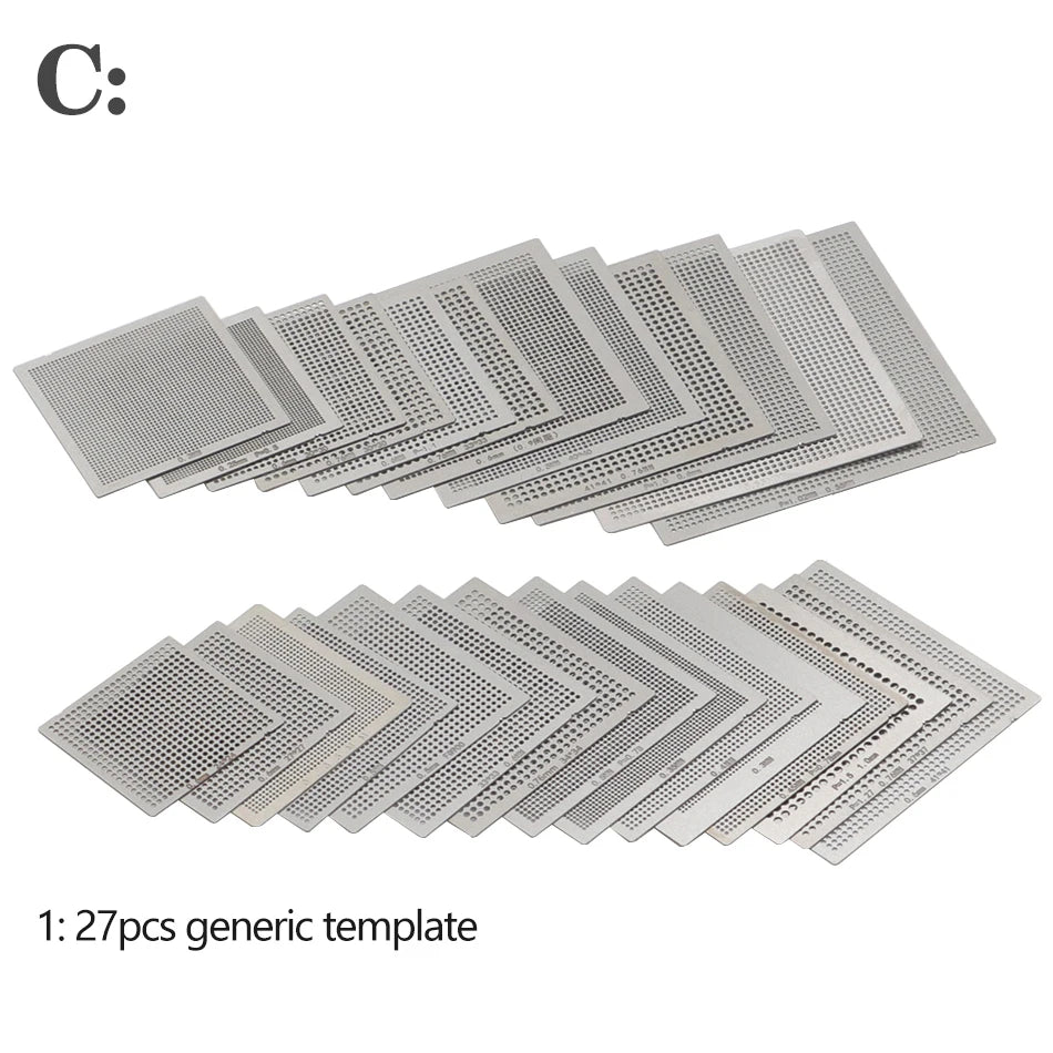 Set Plantillas Stencils BGA Universales (Calor Directo) para Reballing SMT/SMD (10/16/27 Piezas)