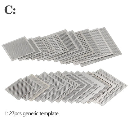 Set Plantillas Stencils BGA Universales (Calor Directo) para Reballing SMT/SMD (10/16/27 Piezas)