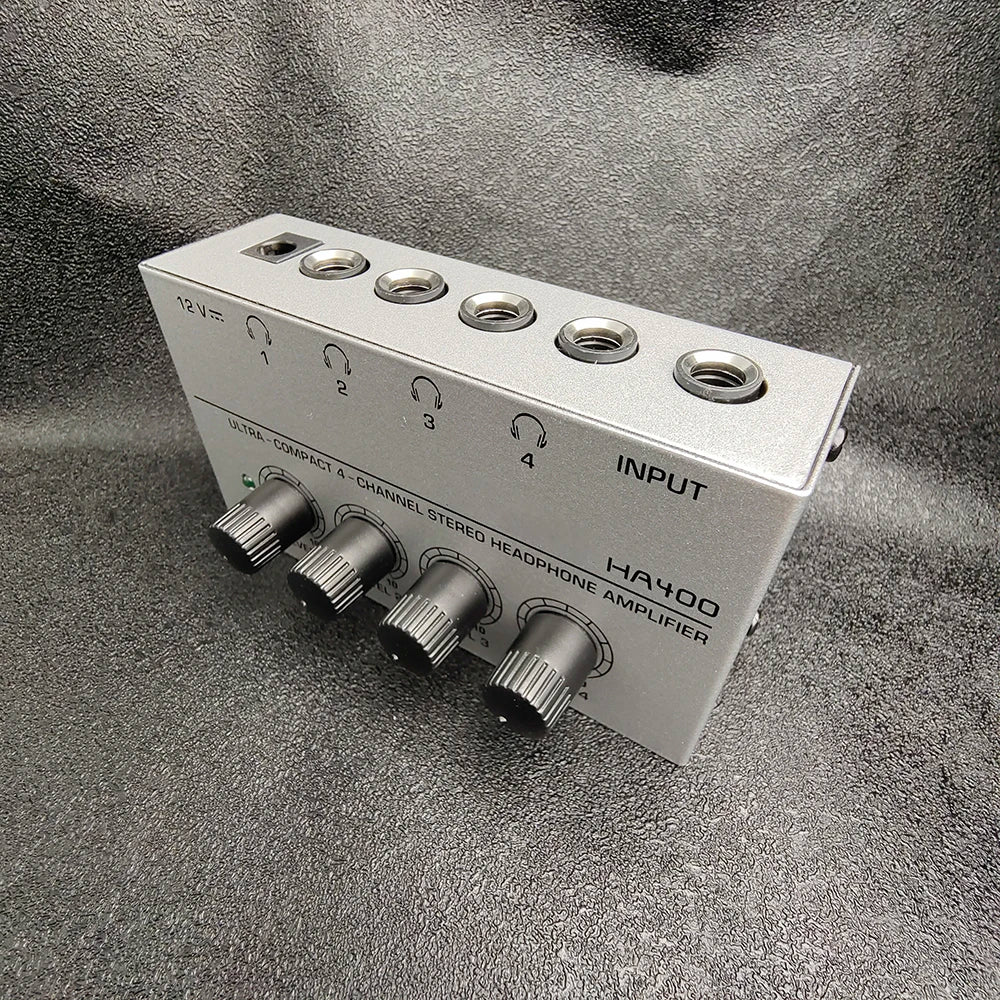 Mini Amplificador Audio Estéreo 4 Canales HA400 Ultra Compacto para Audífonos con Adaptador EU/US (Mezclador Música/Grabación)
