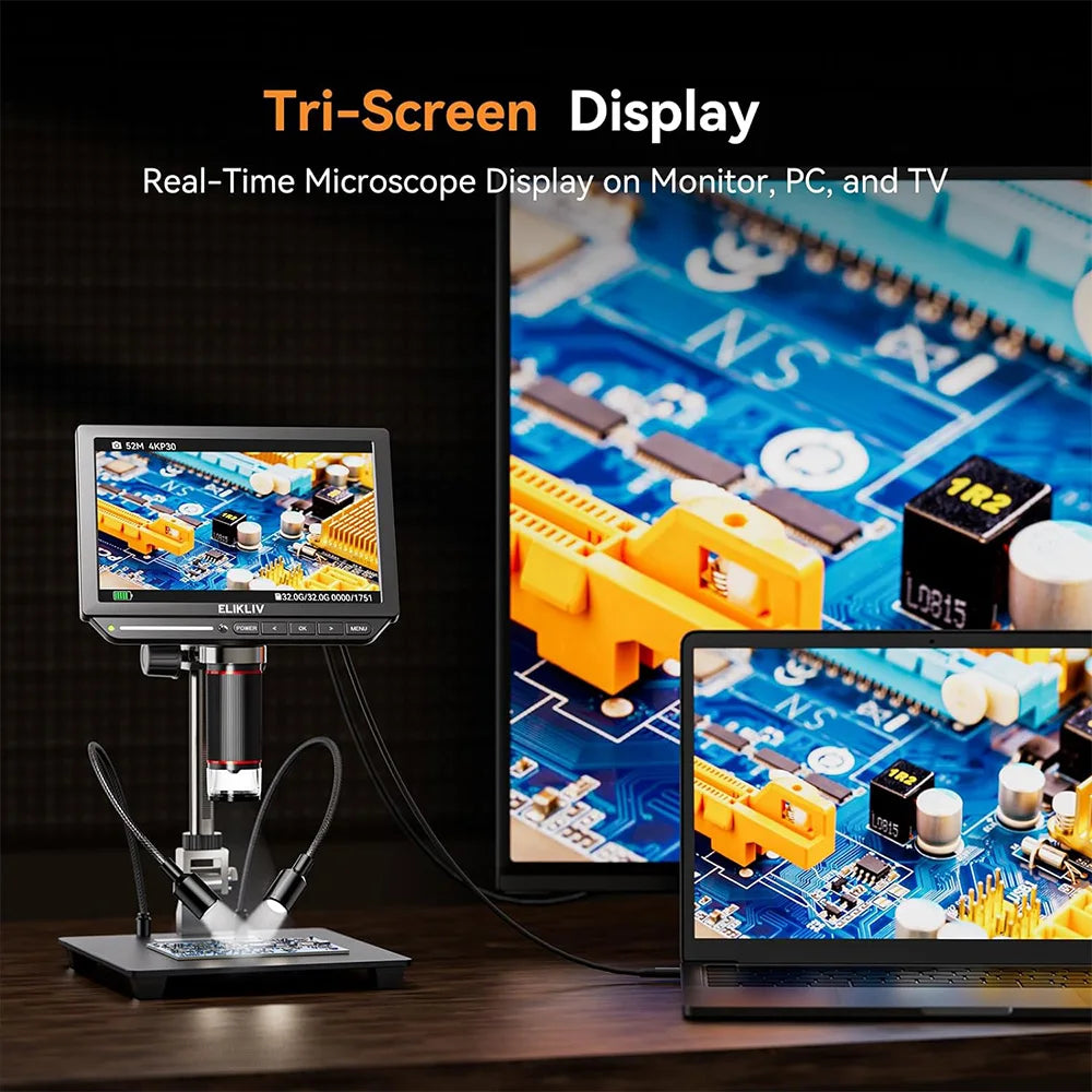 Elikliv EM4K 4K HDMI Digital Microscope for Electronics 8" 2000X Soldering Microscope for PCB Inspection Repair with 10" Stand