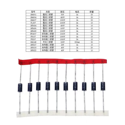 Kit Surtido Diodos THT (Rectificador/Schottky/Switching) - 14 Valores (1N400x, 1N58xx, FRxxx, etc.)