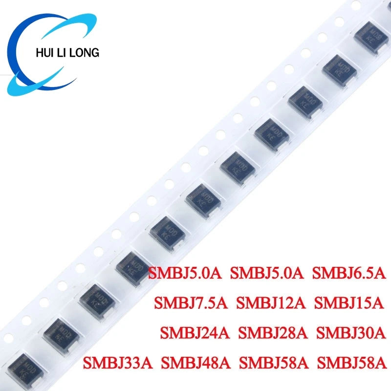 Diodo TVS SMD SMBJ (DO-214AA) - Varios Voltajes (5.0A a 48A) - Lote 20 Piezas