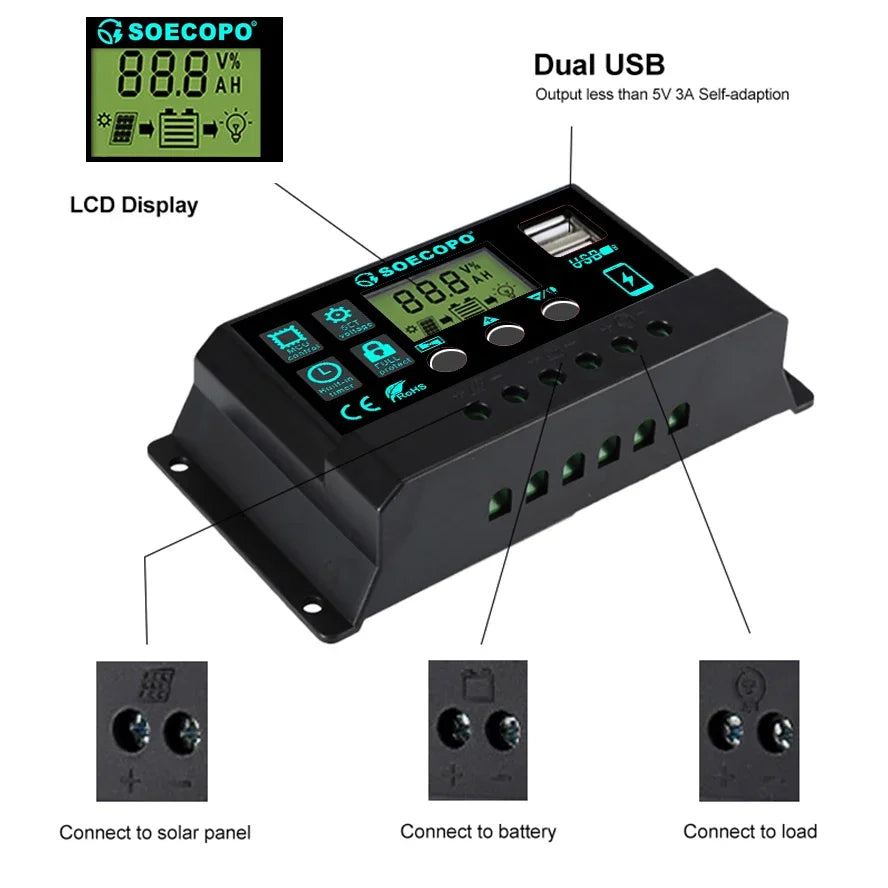 Controlador Carga Solar 100A 12V/24V AutoSwitch LCD Protección Sobrecarga/Cortocircuito para RV/Bote/Off-Grid