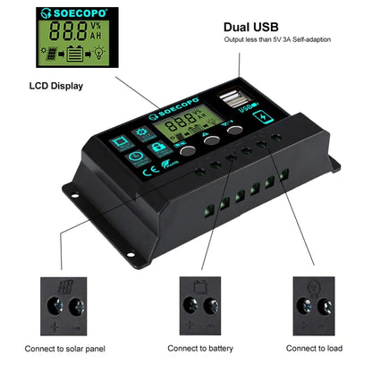 Controlador Carga Solar 100A 12V/24V AutoSwitch LCD Protección Sobrecarga/Cortocircuito para RV/Bote/Off-Grid