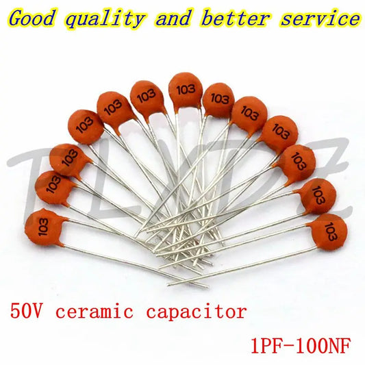 Capacitor Cerámico (1pF-100nF, 50V) - Pack 50 Unidades (Valores Surtidos)