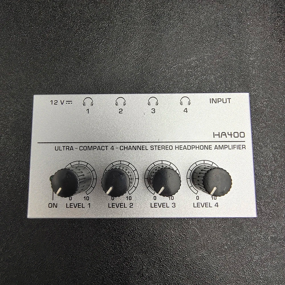 Mini Amplificador Audio Estéreo 4 Canales HA400 Ultra Compacto para Audífonos con Adaptador EU/US (Mezclador Música/Grabación)