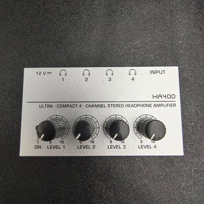 Mini Amplificador Audio Estéreo 4 Canales HA400 Ultra Compacto para Audífonos con Adaptador EU/US (Mezclador Música/Grabación)