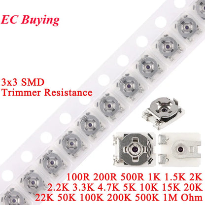 Potenciómetro Trimmer SMD 3x3mm Ajustable (100Ω-1MΩ) - Pack 5-100 Unidades (Valores Surtidos)
