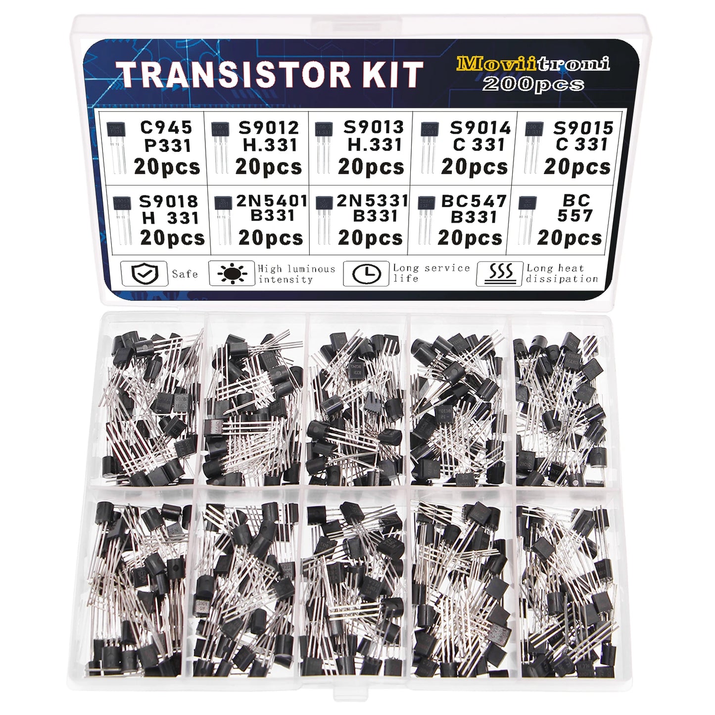 Kit Transistores BJT Potencia Bipolar (A1015/BC327/BC337/C1815/S8050/S8850/2N2222/2N2907/2N3904/2N3906, PNP/NPN) Kit Electrónico (200 Piezas)