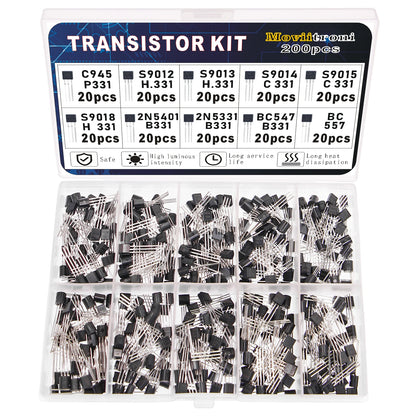 Kit Transistores BJT Potencia Bipolar (A1015/BC327/BC337/C1815/S8050/S8850/2N2222/2N2907/2N3904/2N3906, PNP/NPN) Kit Electrónico (200 Piezas)