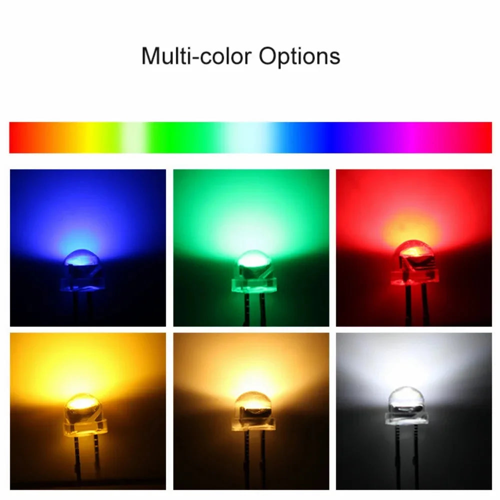 100PCS Super Bright 5MM LED Diode Straw Hat F5 0.2W Power Light Emitting Diodes Blue Green Red Yellow White