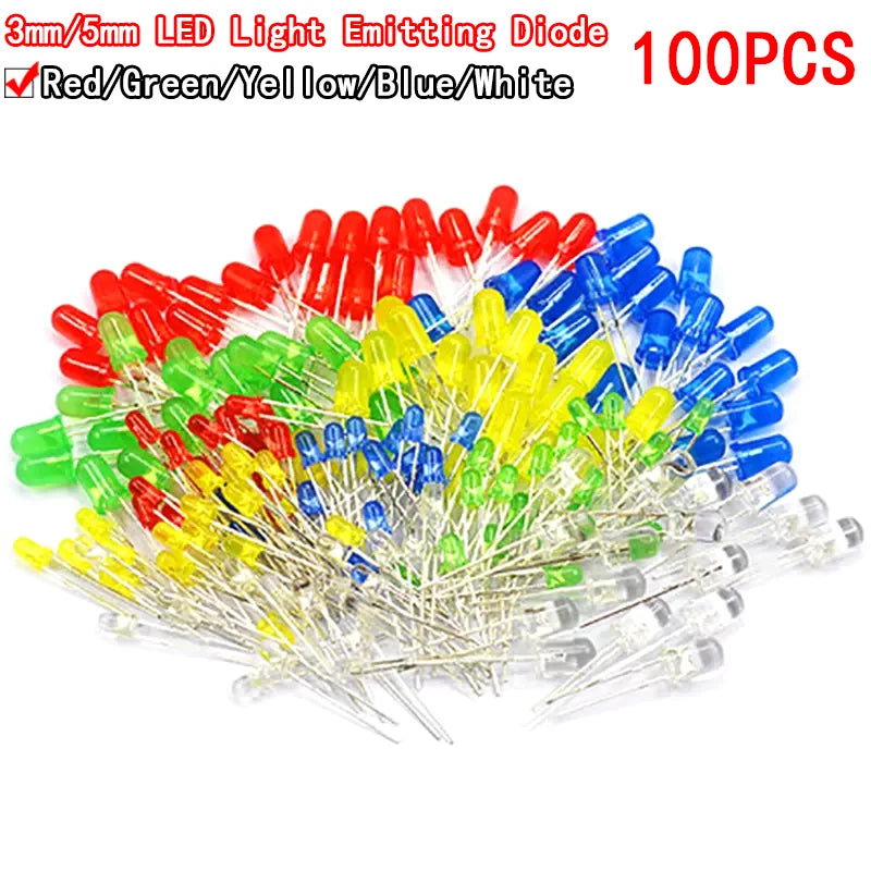 Kit Surtido Diodos LED 3mm/5mm (Blanco/Amarillo/Rojo/Verde/Azul) para DIY Electrónico (100 Piezas)