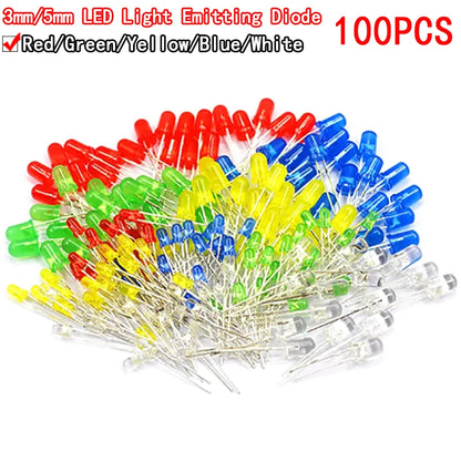 Kit Surtido Diodos LED 3mm/5mm (Blanco/Amarillo/Rojo/Verde/Azul) para DIY Electrónico (100 Piezas)