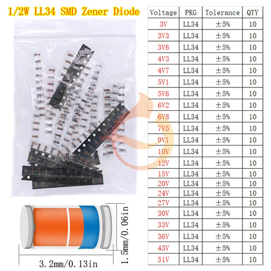 Kit Surtido Diodos (Rectificador/Zener/Schottky/Switching) DIP/SMD (1N4148, 1N4007, 1N5819, etc.)